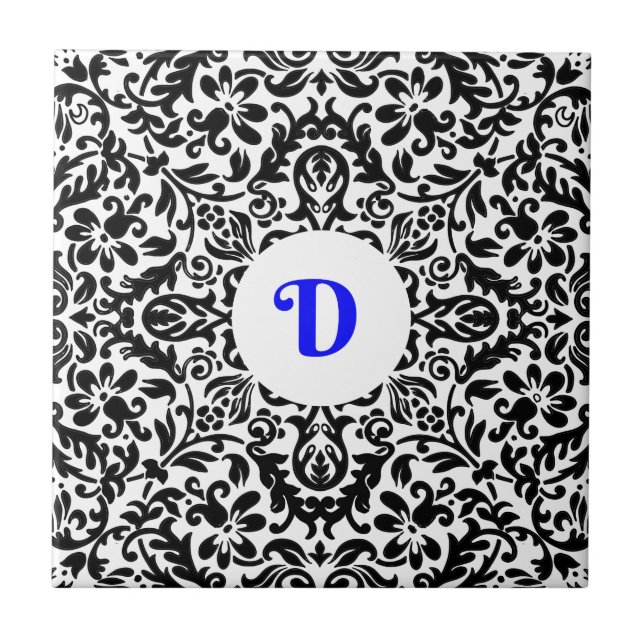 Monogramed D blue, Black and White background Ceramic Tile (Front)