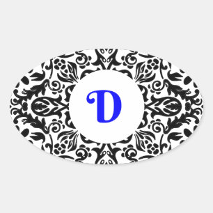 Monogramed D blue, Black and White background Oval Sticker