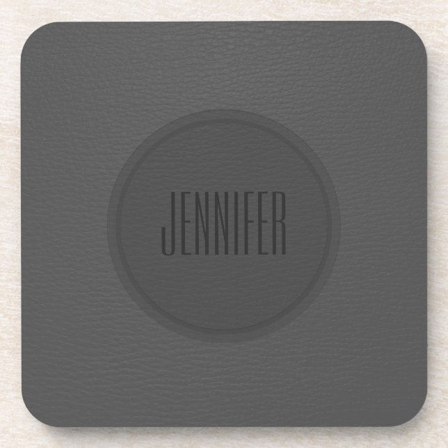 Monogramed Dark Grey Leather Texture Coaster (Front)
