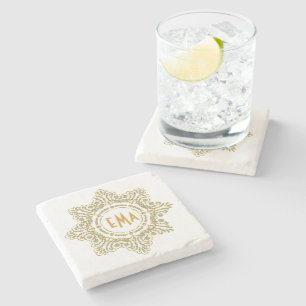 Monogramed Diamonds And Gold Floral Circle Frame Stone Coaster