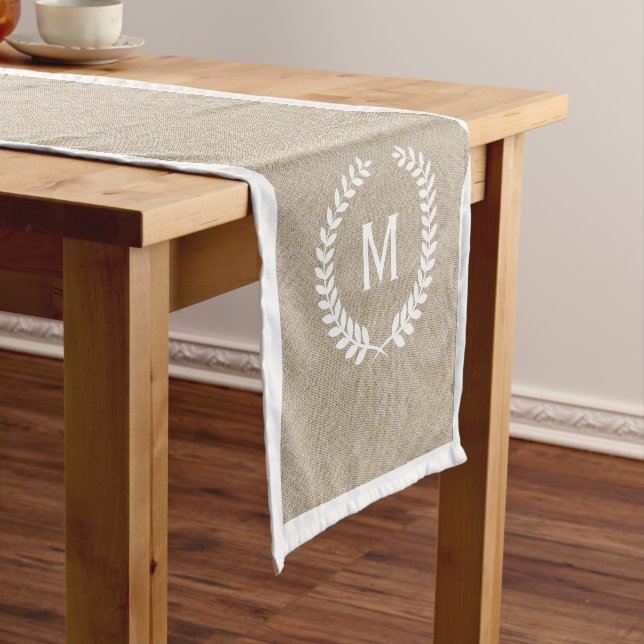 Monogramed Elegant Beige Faux Linen & White Wreath Short Table Runner (In Situ)