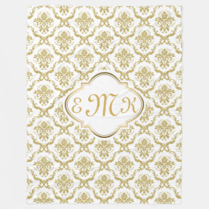 Monogramed Elegant White & Gold Floral Damasks Fleece Blanket