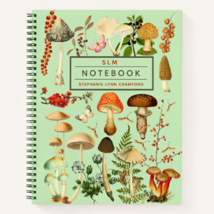 Monogramed Enchanting Vintage Forest Mushrooms Notebook