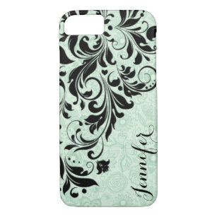Monogramed Floral Black Lace & Light Green Damask iPhone 8/7 Case