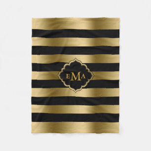 Monogramed Gold & Black Stripes Geometric Pattern Fleece Blanket