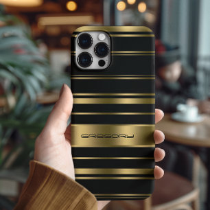 Monogramed Gold & Black Stripes Pattern Case-Mate iPhone 14 Pro Case