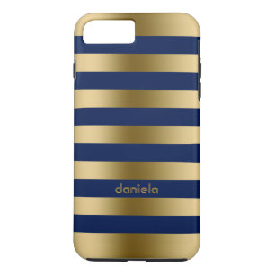 Monogramed Gold & Blue Stripes Geometric Pattern iPhone 8 Plus/7 Plus Case