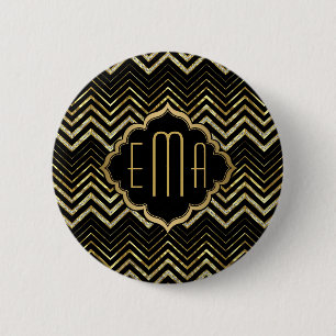 Monogramed Gold Glitter & Zigzag Chevron Pattern 6 Cm Round Badge