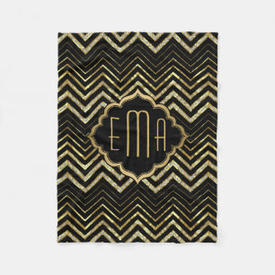 Monogramed Gold Glitter & Zigzag Chevron Pattern Fleece Blanket