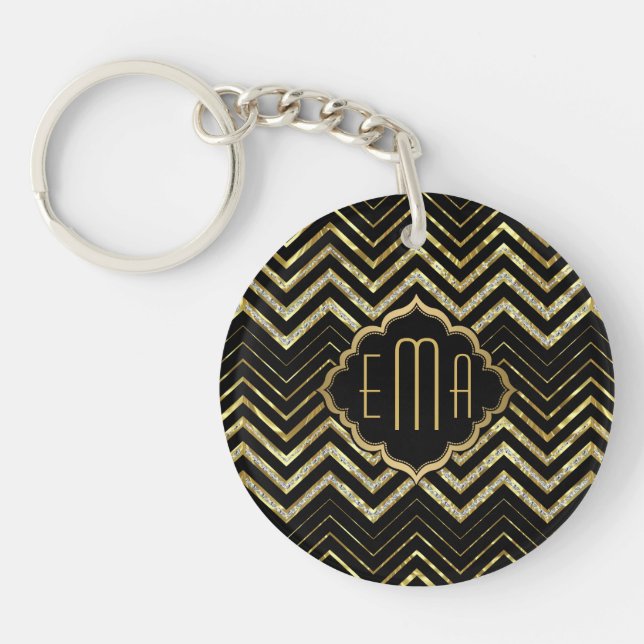 Monogramed Gold Glitter & Zigzag Chevron Pattern Key Ring (Front)
