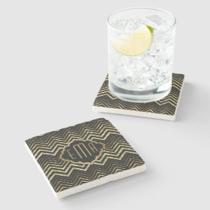 Monogramed Gold Glitter & Zigzag Chevron Pattern Stone Coaster