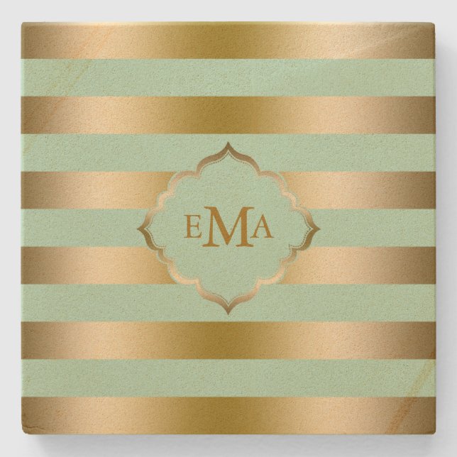 Monogramed Gold & Green Stripes Geometric Pattern Stone Coaster (Front)