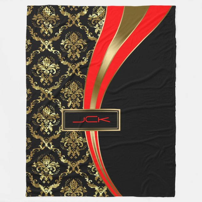 Monogramed Gold Red & Black Floral Damask 2 Fleece Blanket (Front)