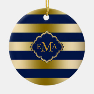 Monogramed Gold Stripes Geometric Pattern Ceramic Ornament