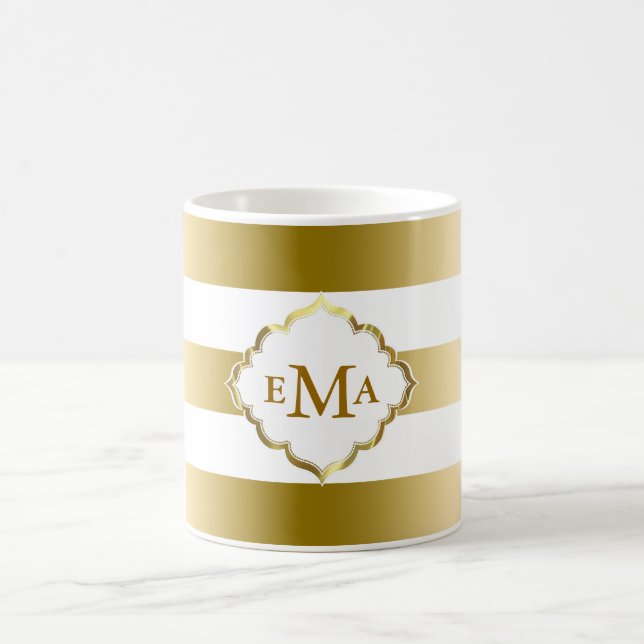 Monogramed Gold Stripes Geometric Pattern Coffee Mug (Center)