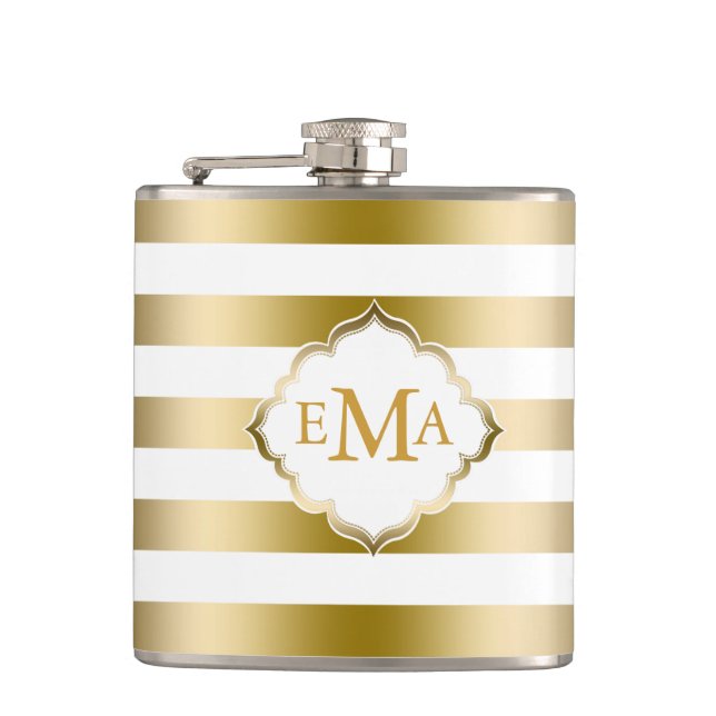 Monogramed Gold Stripes Geometric Pattern Hip Flask (Front)