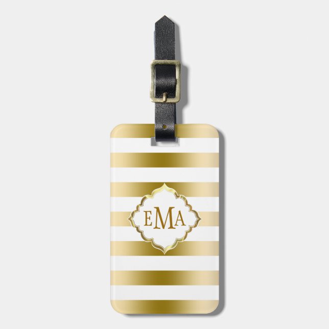 Monogramed Gold Stripes Geometric Pattern Luggage Tag (Front Vertical)