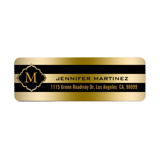 Monogramed Gold Stripes Geometric Pattern Return Address Label (Front)