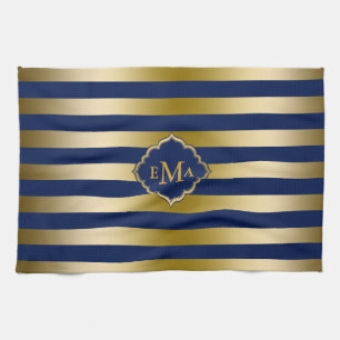 Monogramed Gold Stripes Geometric Pattern Tea Towel