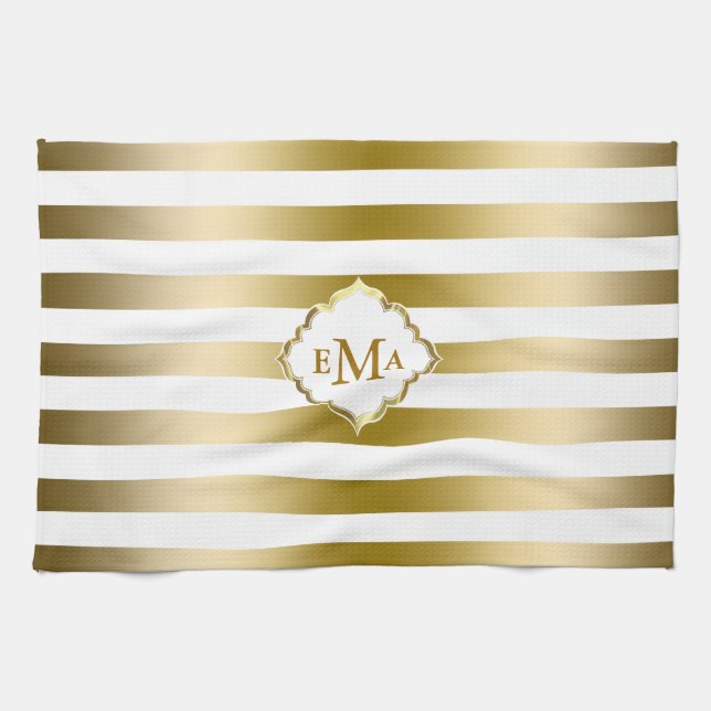 Monogramed Gold Stripes Geometric Pattern Tea Towel (Horizontal)