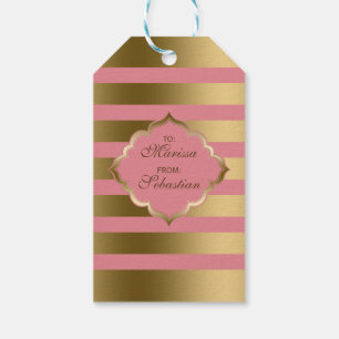 Monogramed Gold Stripes & Pink Geometric Pattern Gift Tags