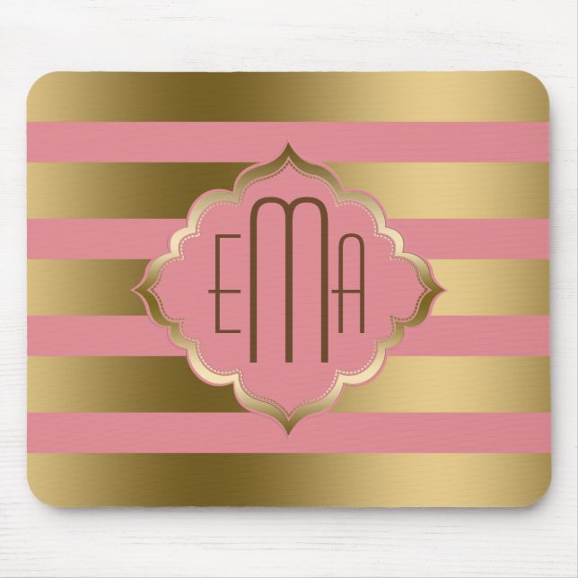 Monogramed Gold Stripes & Pink Geometric Pattern Mouse Pad (Front)