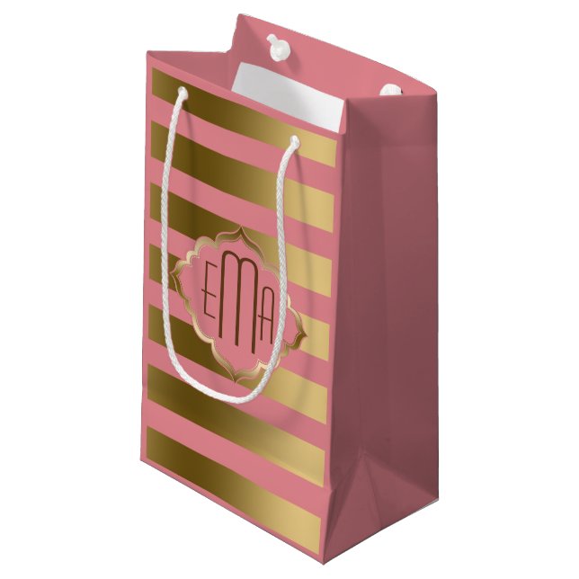 Monogramed Gold Stripes & Pink Geometric Pattern Small Gift Bag (Front Angled)
