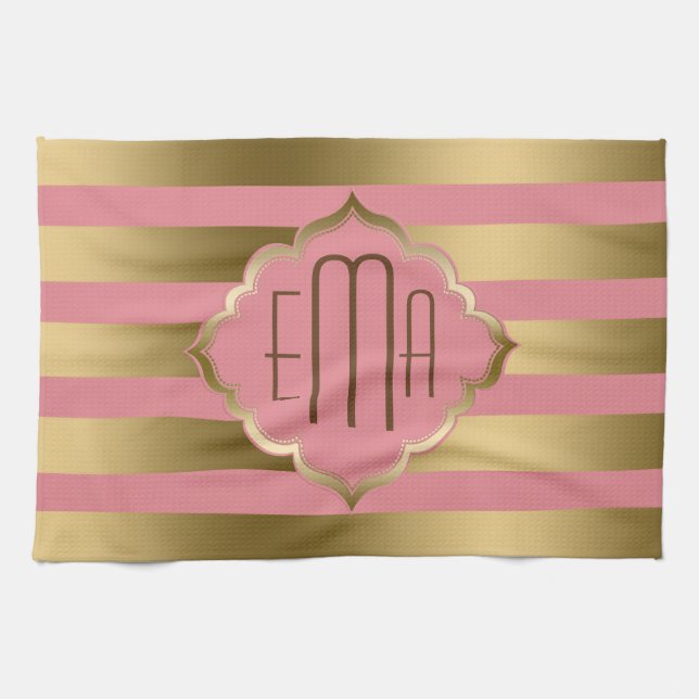 Monogramed Gold Stripes & Pink Geometric Pattern Tea Towel (Horizontal)