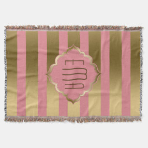 Monogramed Gold Stripes & Pink Geometric Pattern Throw Blanket