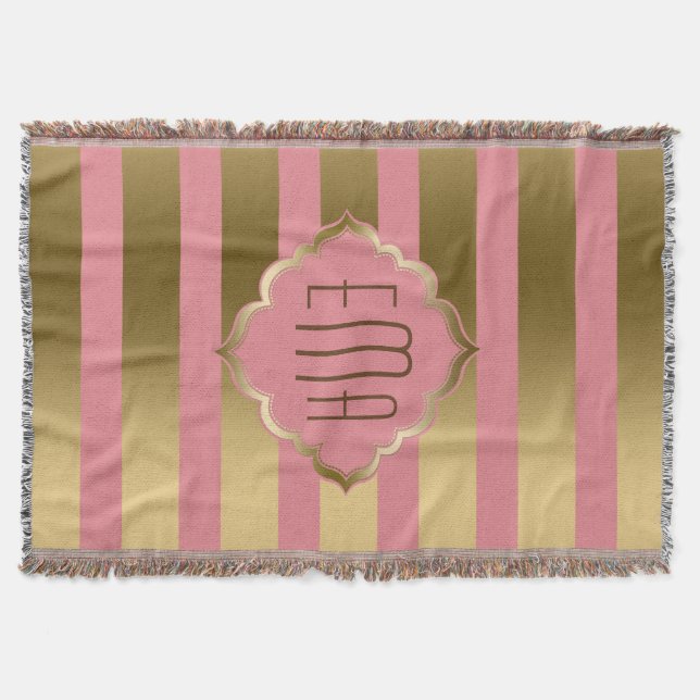 Monogramed Gold Stripes & Pink Geometric Pattern Throw Blanket (Front)