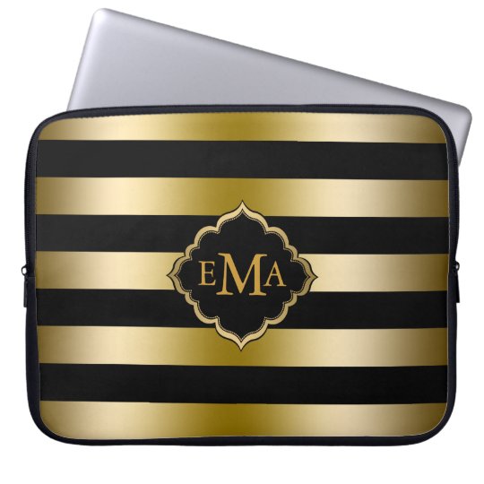 Monogramed Gold Tones & Black Stripes Pattern Laptop Sleeve