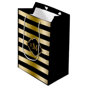 Monogramed Gold Tones & Black Stripes Pattern Medium Gift Bag