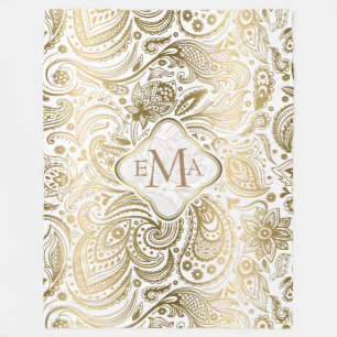 Monogramed Gold & White Floral Paisley Lace Fleece Blanket