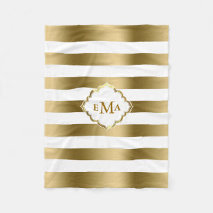 Monogramed Gold & White Stripes Geometric Pattern Fleece Blanket