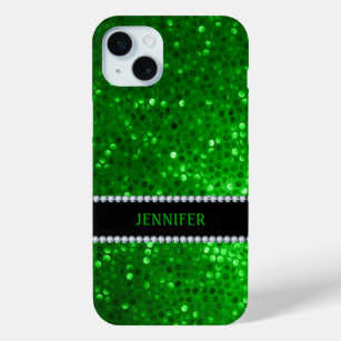 Monogramed Green Glitter & Diamonds iPhone 15 Mini Case