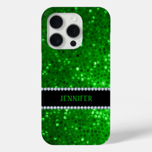 Monogramed Green Glitter & Diamonds iPhone 15 Pro Case
