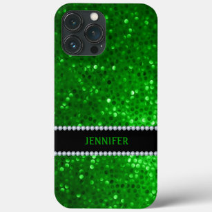 Monogramed Green Glitter & Diamonds iPhone 13 Pro Max Case