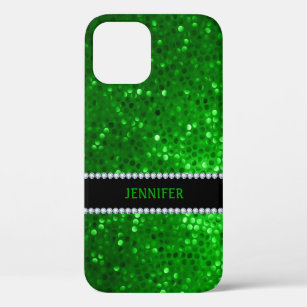 Monogramed Green Glitter & Diamonds iPhone 12 Pro Case