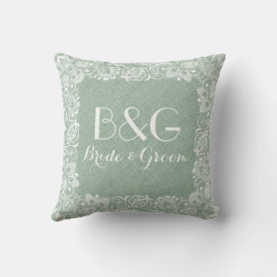 Monogramed Green Linen And White Lace Frame Cushion