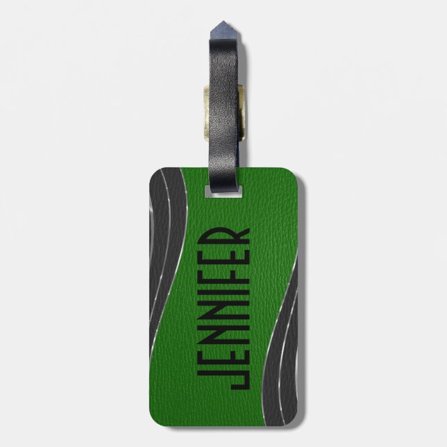 Monogramed Grey And Green Leather 2 Silver Accents Luggage Tag (Back Vertical)