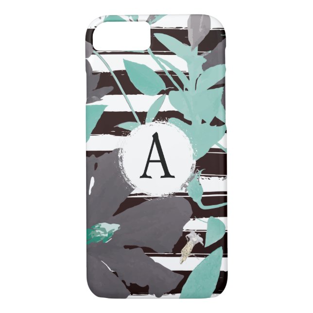 Monogramed Grey Mint Floral Stripe Case-Mate iPhone Case (Back)