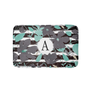 Monogramed Grey Mint Floral Stripe Design Bath Mat