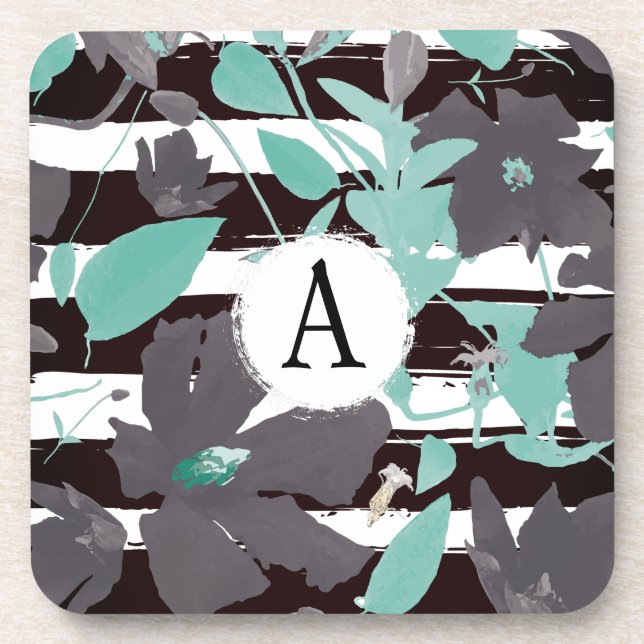 Monogramed Grey Teal Floral Stripe Coaster (Front)
