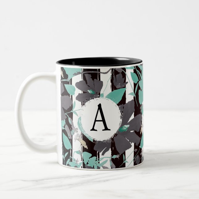 Monogramed Grey Teal Floral Stripe Pattern Two-Tone Coffee Mug (Left)