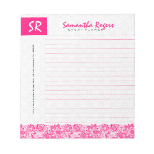 Monogramed Hot Pink Floral Lace & White Damasks Notepad
