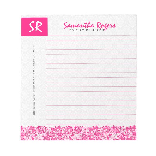 Monogramed Hot Pink Floral Lace & White Damasks Notepad (Front)