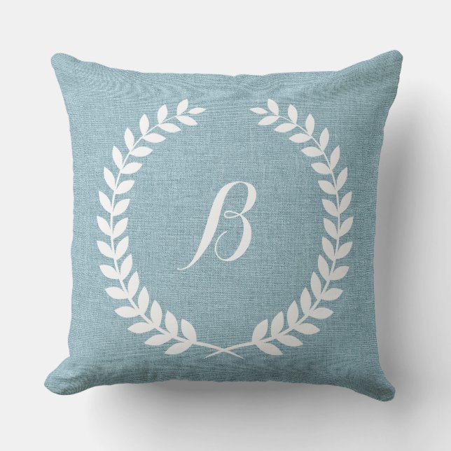 Monogramed Light Blue Linen And White Wreath Cushion (Front)
