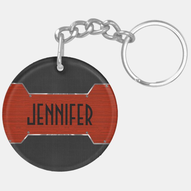 Monogramed Metal And Red Wood Combination Key Ring (Back Left)