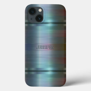Monogramed Metallic Blue-Gray Stripes Pattern iPhone 13 Case