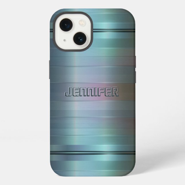 Monogramed Metallic Blue-Gray Stripes Pattern iPhone Case (Back)
